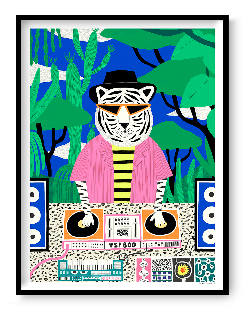 Colorful vertical giclée art print of a white tiger DJ wearing orange sunglasses, a black hat, and a pink shirt, mixing music in a green jungle with a bright blue background. Playful wall art for modern interiors.