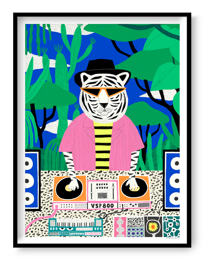 Colorful vertical giclée art print of a white tiger DJ wearing orange sunglasses, a black hat, and a pink shirt, mixing music in a green jungle with a bright blue background. Playful wall art for modern interiors.
