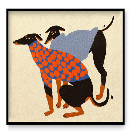 Colorful Doggos art print by Enikő Eged featuring two stylized black dogs wearing patterned sweaters in blue, orange, and grey tones on a warm neutral background, square contemporary giclée wall art for modern interiors.