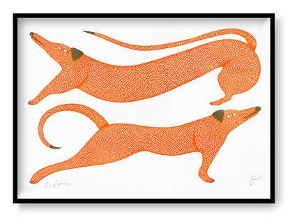 Big Stretch by Strangford, horizontal risograph art print showing two elongated orange dogs with olive details on white, playful contemporary wall art for colourful interiors.