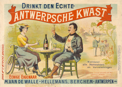 Vintage Antwerpse Kwast advertising poster by Léon Belloguet showing a man and woman drinking at a café table, with red, blue and yellow tones. Horizontal digital print for kitchen, dining room or vintage wall decor.