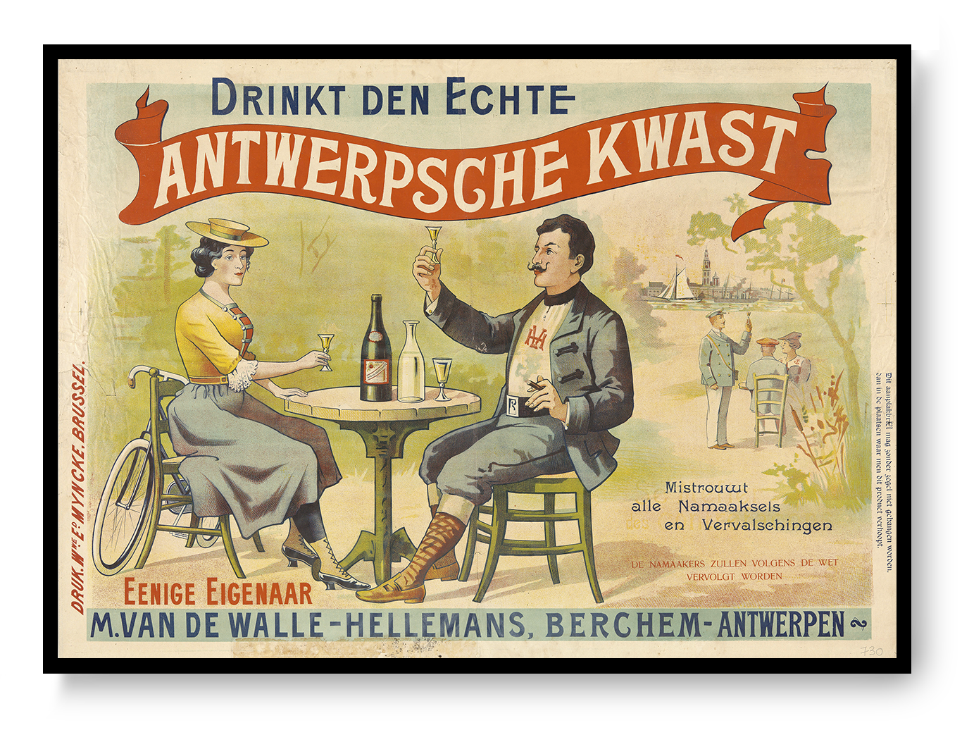 Vintage Antwerpse Kwast advertising poster by Léon Belloguet showing a man and woman drinking at a café table, with red, blue and yellow tones. Horizontal digital print for kitchen, dining room or vintage wall decor.