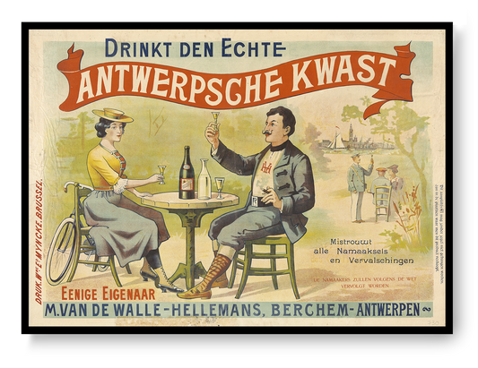 Vintage Antwerpse Kwast advertising poster by Léon Belloguet showing a man and woman drinking at a café table, with red, blue and yellow tones. Horizontal digital print for kitchen, dining room or vintage wall decor.