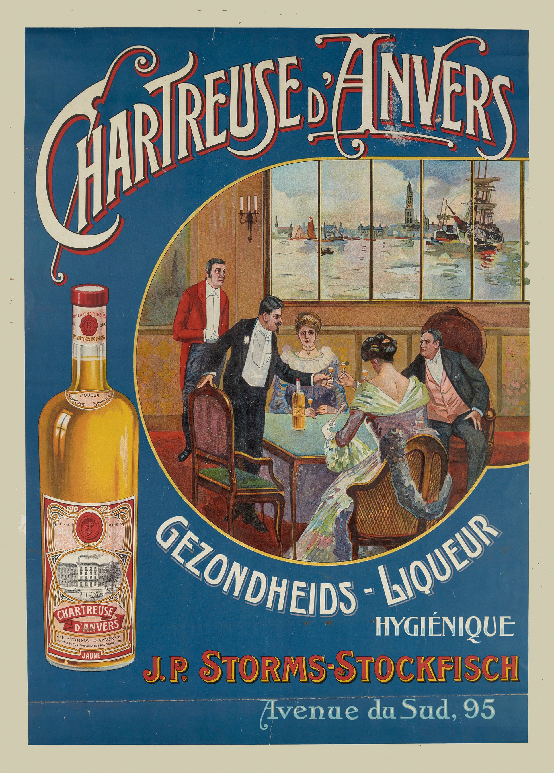 Vintage Chartreuse d'Anvers advertising poster showing a liquor bottle, elegant figures and Antwerp harbor scenery in blue, red and gold, vertical digital print for retro wall decor.