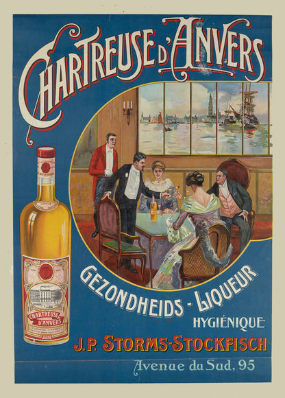 Vintage Chartreuse d'Anvers advertising poster showing a liquor bottle, elegant figures and Antwerp harbor scenery in blue, red and gold, vertical digital print for retro wall decor.