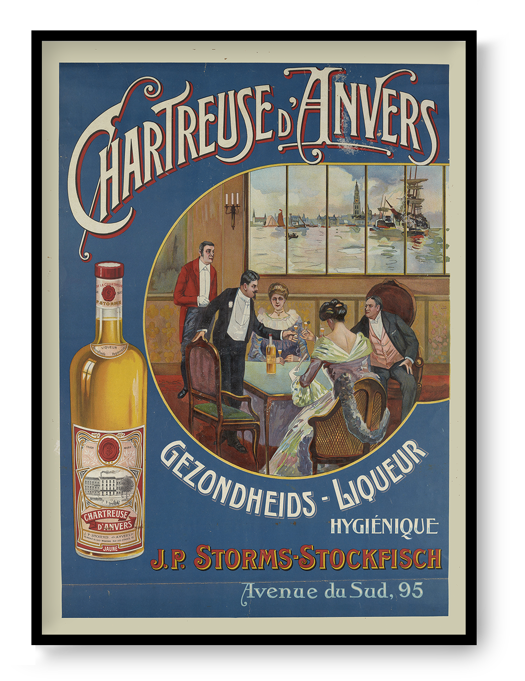 Vintage Chartreuse d'Anvers advertising poster showing a liquor bottle, elegant figures and Antwerp harbor scenery in blue, red and gold, vertical digital print for retro wall decor.