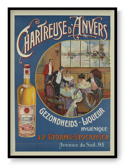 Vintage Chartreuse d'Anvers advertising poster showing a liquor bottle, elegant figures and Antwerp harbor scenery in blue, red and gold, vertical digital print for retro wall decor.