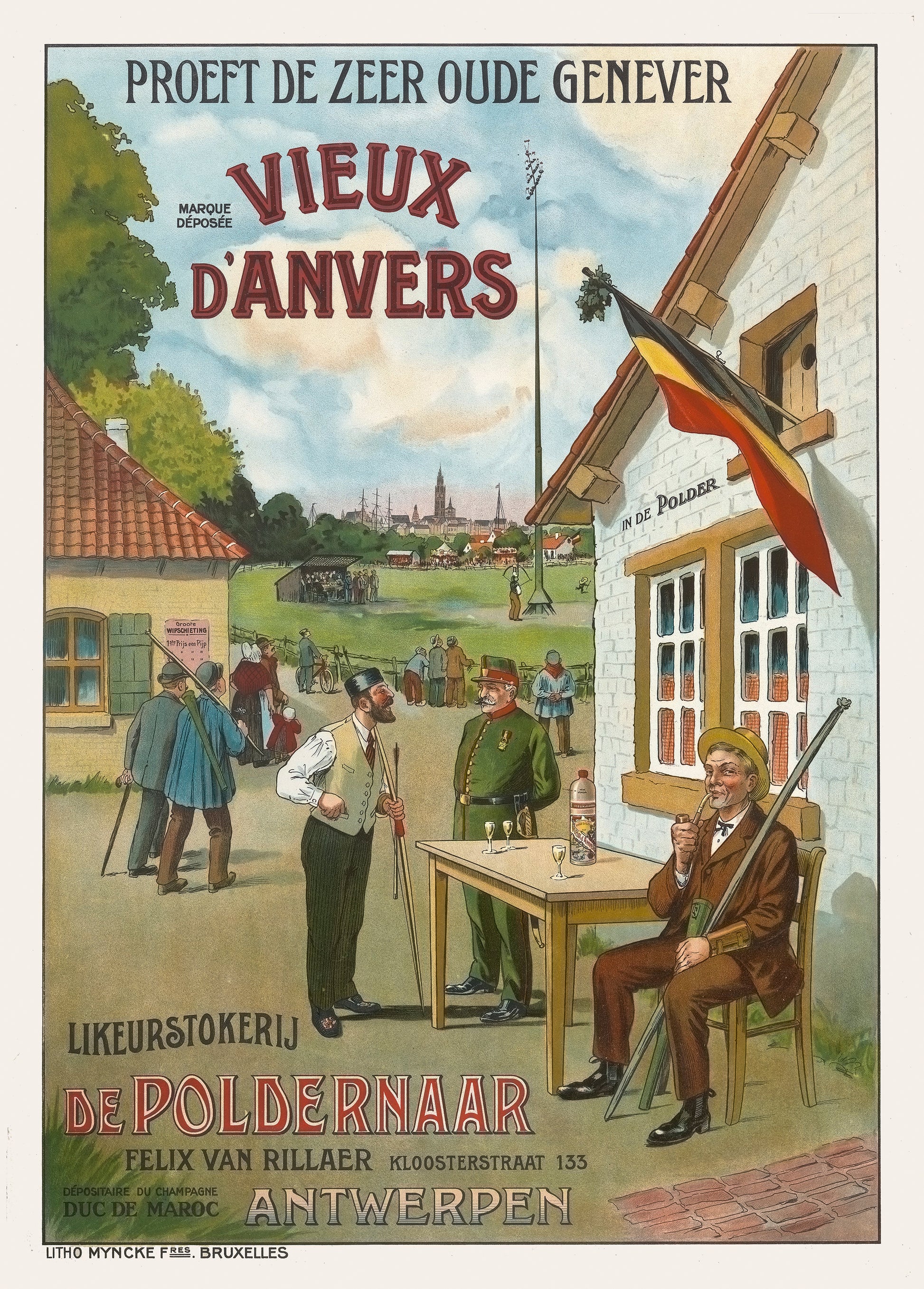 Vintage Belgian advertising poster showing an Antwerp outdoor scene, hunters, a Belgian flag and bold Vieux d'Anvers lettering in muted red, green and blue. Vertical digital print for vintage wall decor.