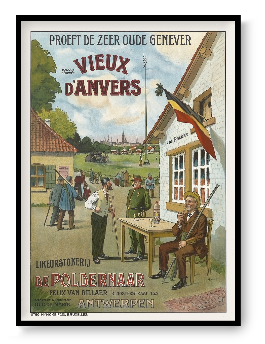 Vintage Belgian advertising poster showing an Antwerp outdoor scene, hunters, a Belgian flag and bold Vieux d'Anvers lettering in muted red, green and blue. Vertical digital print for vintage wall decor.