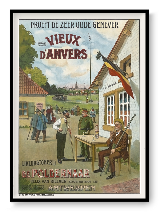 Vintage Belgian advertising poster showing an Antwerp outdoor scene, hunters, a Belgian flag and bold Vieux d'Anvers lettering in muted red, green and blue. Vertical digital print for vintage wall decor.