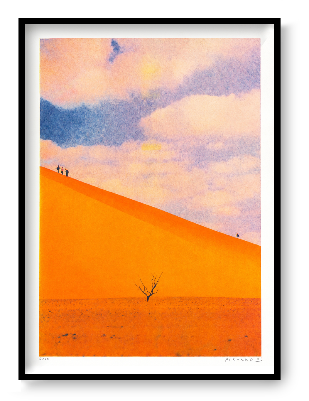 A3 portrait risograph by PTRVRKD showing vivid orange desert dunes, tiny walking figures, a lone tree and a soft blue-pink sky, ideal for modern wall art and home decor.