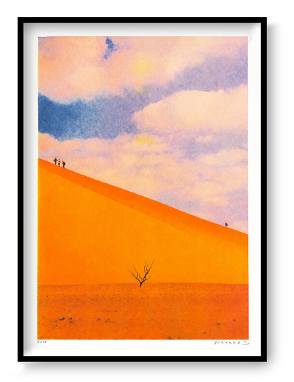 A3 portrait risograph by PTRVRKD showing vivid orange desert dunes, tiny walking figures, a lone tree and a soft blue-pink sky, ideal for modern wall art and home decor.