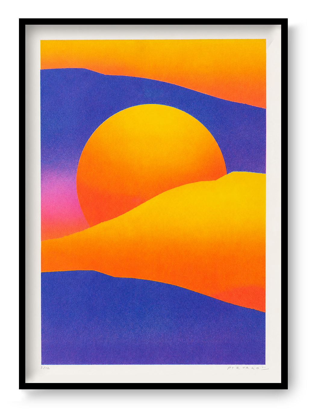 Purple and yellow dune landscape by PTRVRKD with a large orange sun, deep violet hills and warm yellow dunes, A3 vertical risograph print for colourful contemporary wall decor.