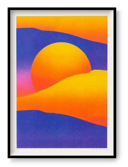 Purple and yellow dune landscape by PTRVRKD with a large orange sun, deep violet hills and warm yellow dunes, A3 vertical risograph print for colourful contemporary wall decor.