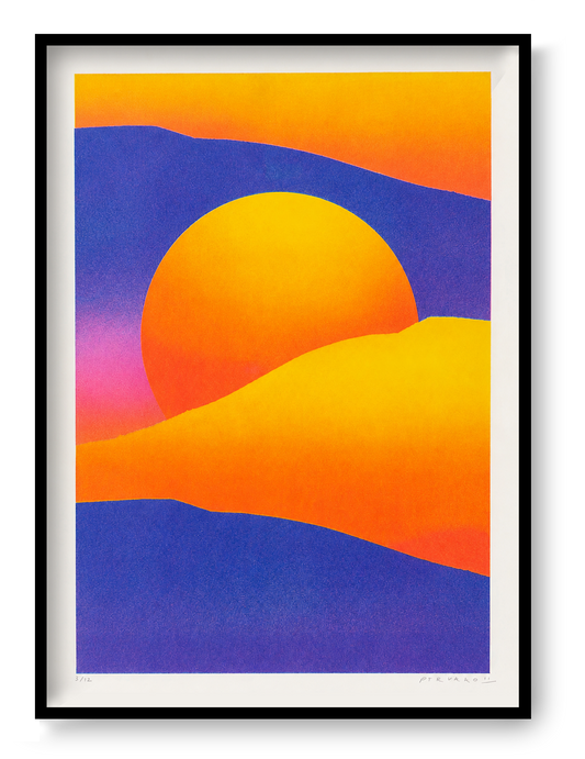 Purple and yellow dune landscape by PTRVRKD with a large orange sun, deep violet hills and warm yellow dunes, A3 vertical risograph print for colourful contemporary wall decor.