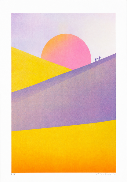 Dune Landscape - Sunset by PTRVRKD, vertical risograph print with yellow and purple desert dunes, a large pink sunset and tiny walking figures, colourful contemporary wall art for modern interiors.