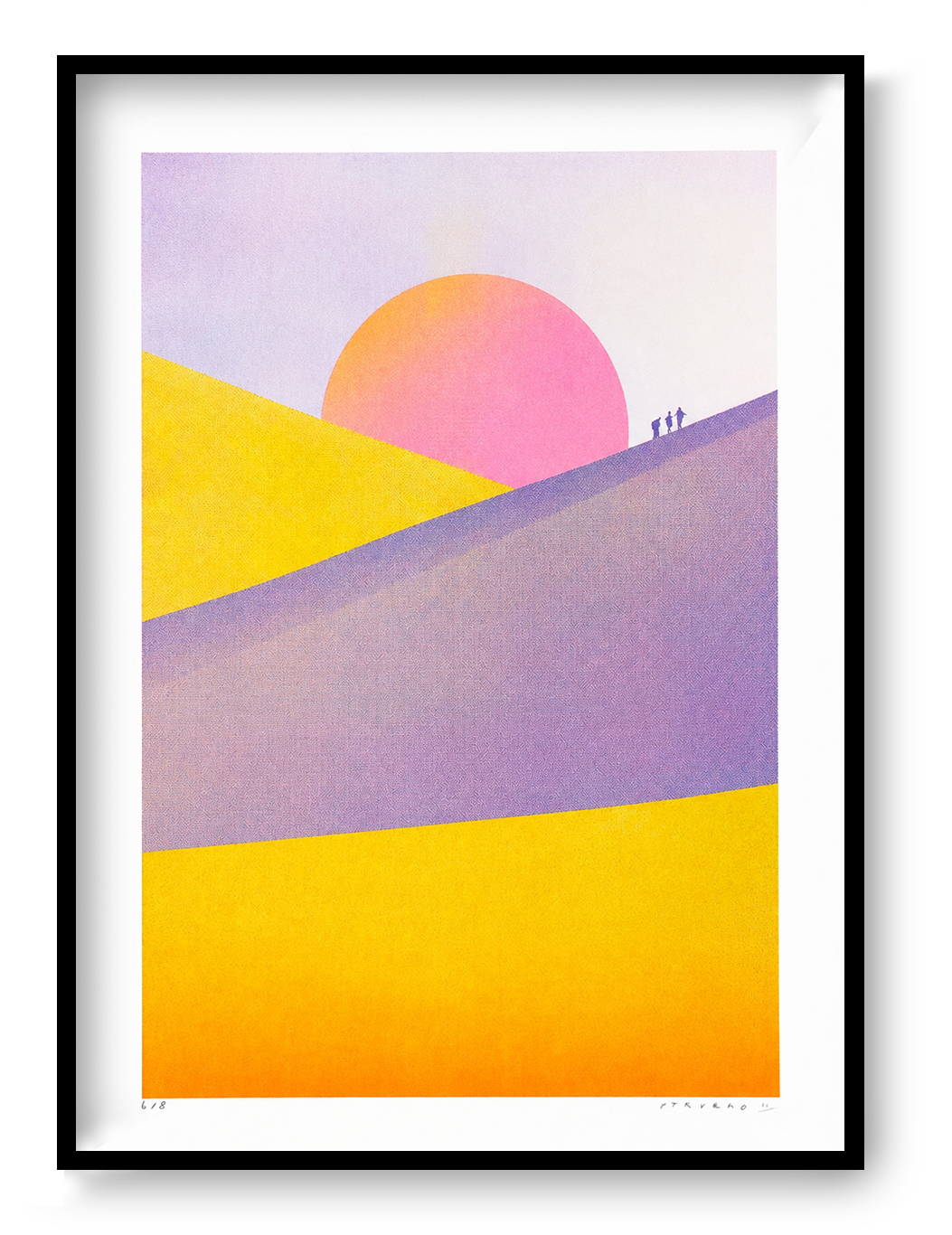 Dune Landscape - Sunset by PTRVRKD, vertical risograph print with yellow and purple desert dunes, a large pink sunset and tiny walking figures, colourful contemporary wall art for modern interiors.