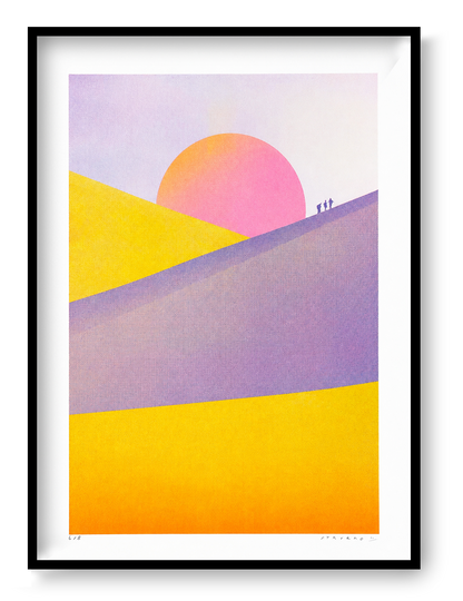 Dune Landscape - Sunset by PTRVRKD, vertical risograph print with yellow and purple desert dunes, a large pink sunset and tiny walking figures, colourful contemporary wall art for modern interiors.
