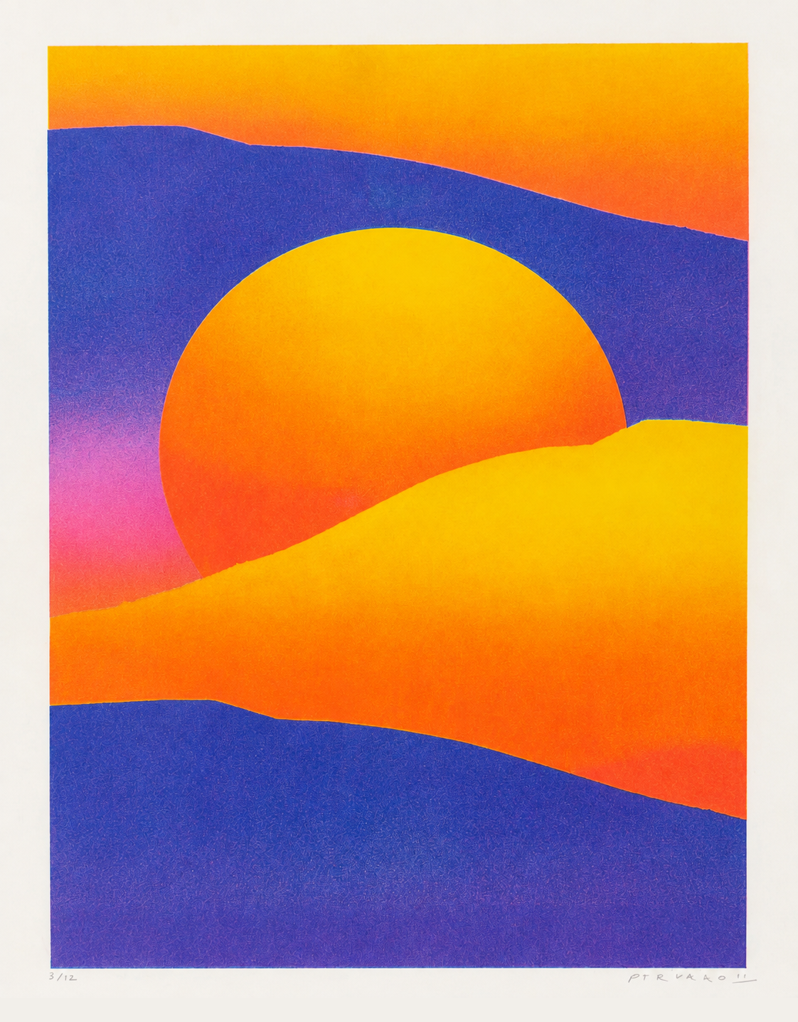 Purple and yellow dune landscape by PTRVRKD with a large orange sun, deep violet hills and warm yellow dunes, A3 vertical risograph print for colourful contemporary wall decor.