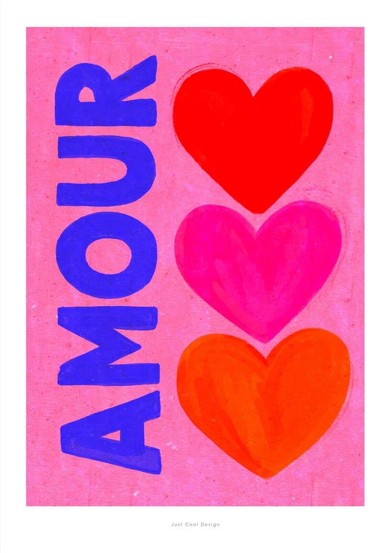 Bright pop art print with the word “AMOUR” in bold blue letters beside three colorful hearts (red, pink, and orange) on a pink background — Amour by Just Cool Design, vibrant Giclée art print for modern interiors and love-themed wall decor.