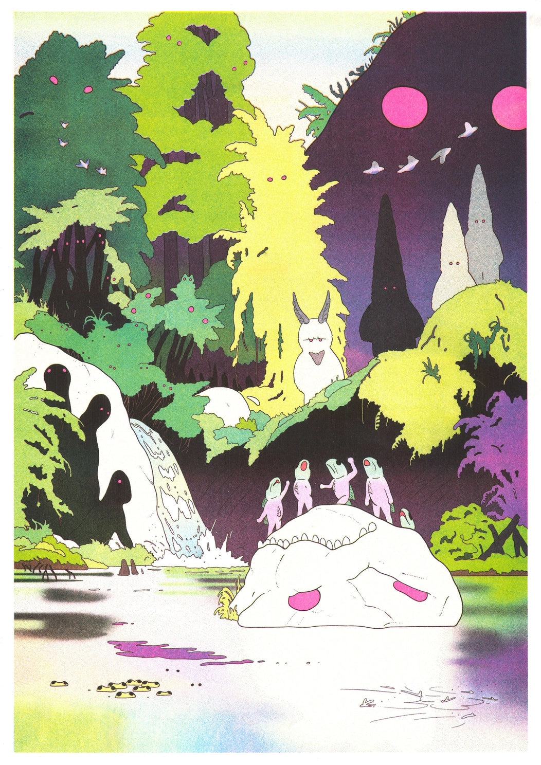 Surreal A3 risograph by Jérémie Moreau showing strange nature spirits, creatures and birds in a vivid green, yellow, purple and pink forest landscape, ideal as playful vertical wall art.