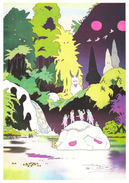 Surreal A3 risograph by Jérémie Moreau showing strange nature spirits, creatures and birds in a vivid green, yellow, purple and pink forest landscape, ideal as playful vertical wall art.