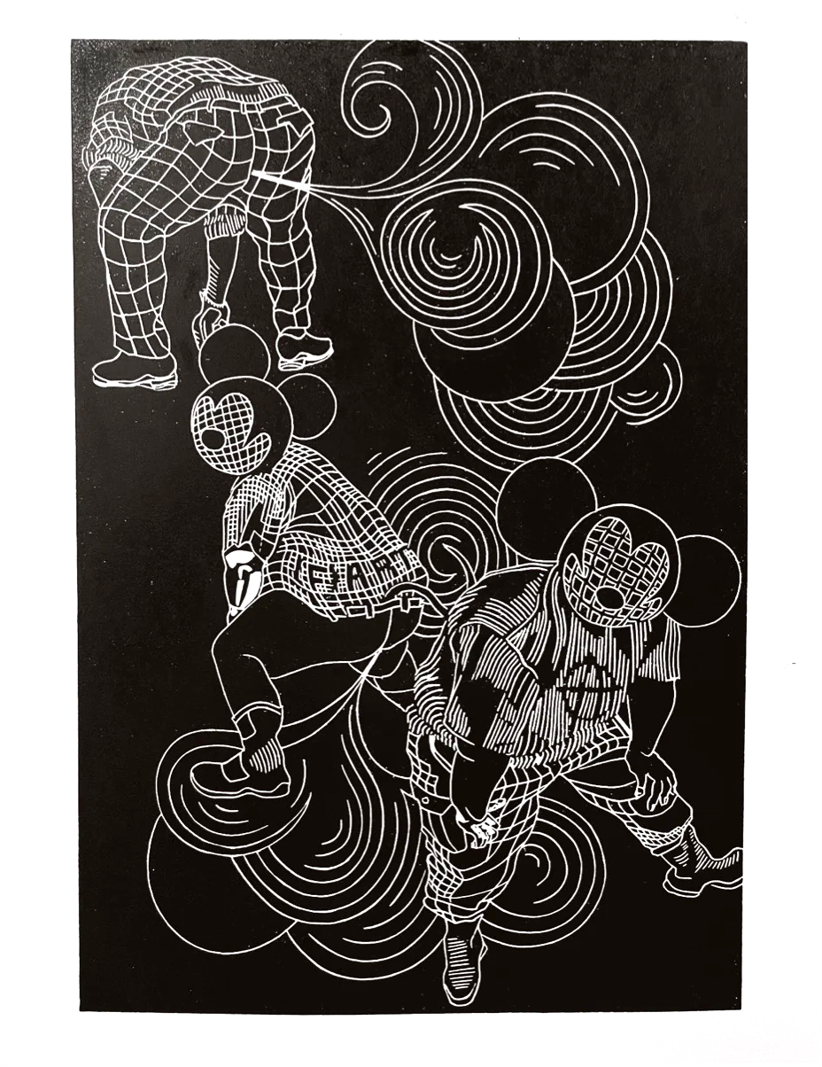 30x40 cm linocut art print “Fartgang” by FAB, handprinted satirical illustration with bold graphic style, limited edition collector artwork.