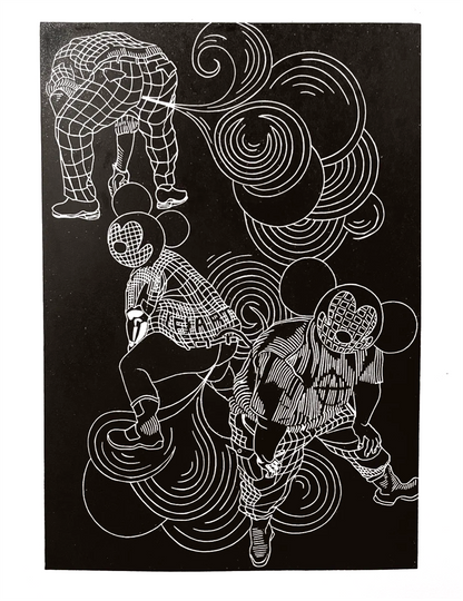 30x40 cm linocut art print “Fartgang” by FAB, handprinted satirical illustration with bold graphic style, limited edition collector artwork.