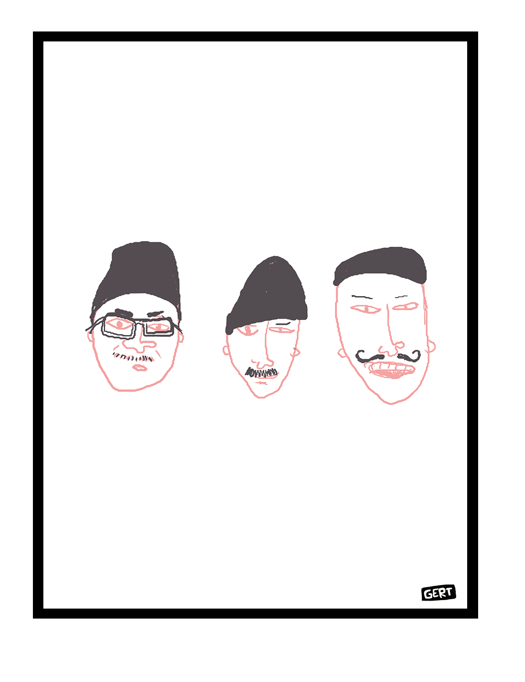 Minimalist digital art print featuring three abstract illustrated faces with hats and moustaches by Belgian illustrator Gert Paenen, printed on light grey background in expressive hand-drawn style.