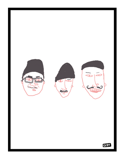Minimalist digital art print featuring three abstract illustrated faces with hats and moustaches by Belgian illustrator Gert Paenen, printed on light grey background in expressive hand-drawn style.