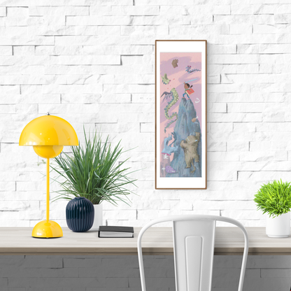 Fantasy giclée art print by Willy Leung in vertical format showing a whimsical fantasy scene with creatures and a child hero, printed on fine art paper.