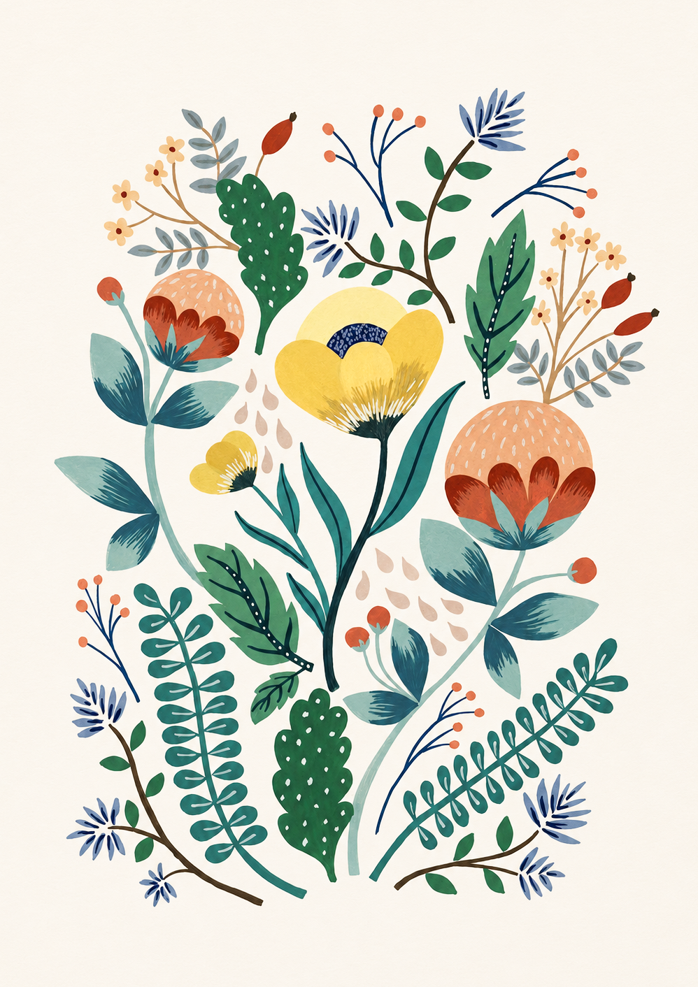 Colorful botanical art print featuring stylized flowers, leaves, and delicate branches in yellow, blue, green, and terracotta tones by Belgian illustrator Leens. Scandinavian-inspired floral wall art for modern home decor.