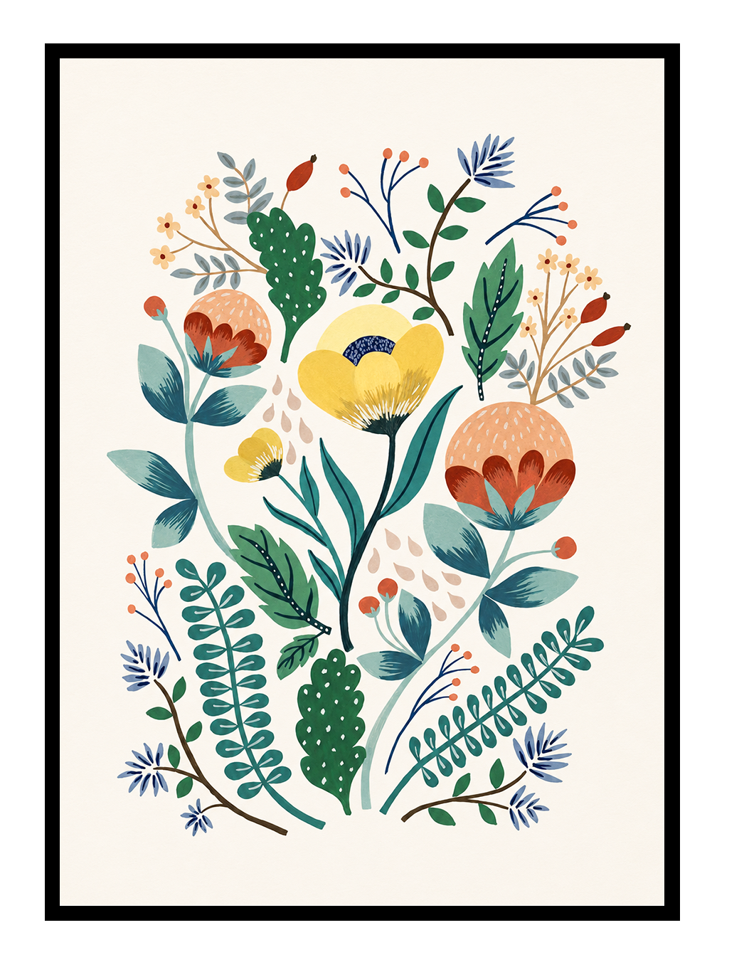Colorful botanical art print featuring stylized flowers, leaves, and delicate branches in yellow, blue, green, and terracotta tones by Belgian illustrator Leens. Scandinavian-inspired floral wall art for modern home decor.