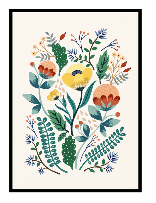 Colorful botanical art print featuring stylized flowers, leaves, and delicate branches in yellow, blue, green, and terracotta tones by Belgian illustrator Leens. Scandinavian-inspired floral wall art for modern home decor.
