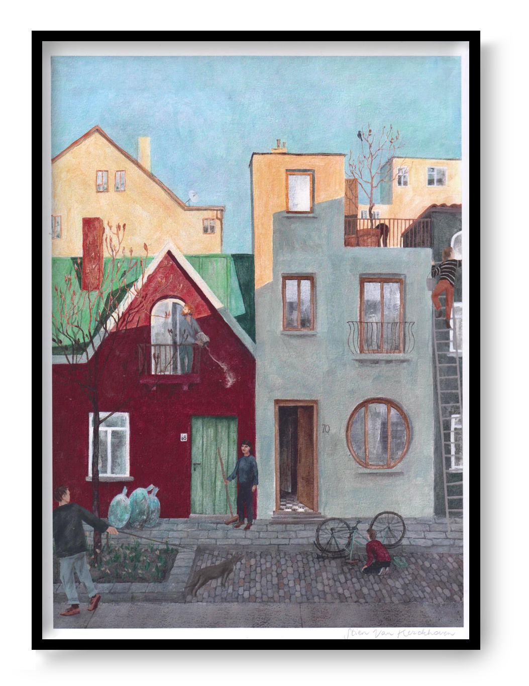 A4 art print “Fiets” by Stien van Kerckhoven, quiet urban illustration depicting everyday life in a Belgian neighborhood, soft contemporary wall art.