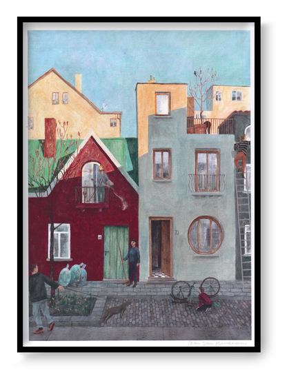 A4 art print “Fiets” by Stien van Kerckhoven, quiet urban illustration depicting everyday life in a Belgian neighborhood, soft contemporary wall art.