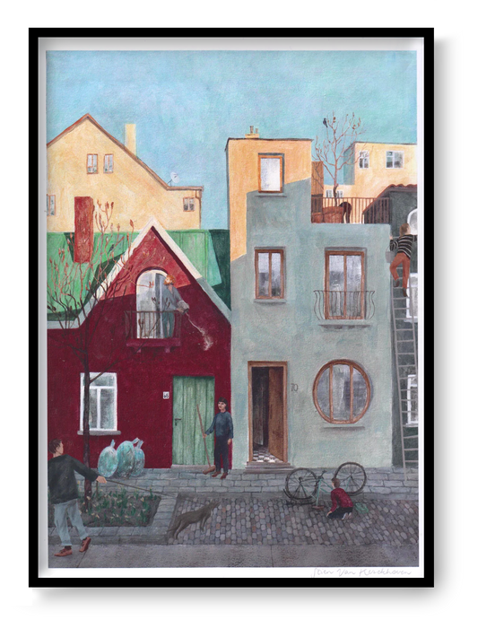 A4 art print “Fiets” by Stien van Kerckhoven, quiet urban illustration depicting everyday life in a Belgian neighborhood, soft contemporary wall art.