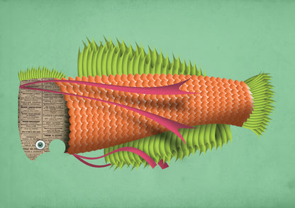"Eduard the Fish" art print by Studio Frits – imaginative digital illustration of an orange and green stylized fish with textured scales, vibrant fins, and a newspaper-textured head, perfect for modern art lovers and playful home decor, available at Galerie Frits.