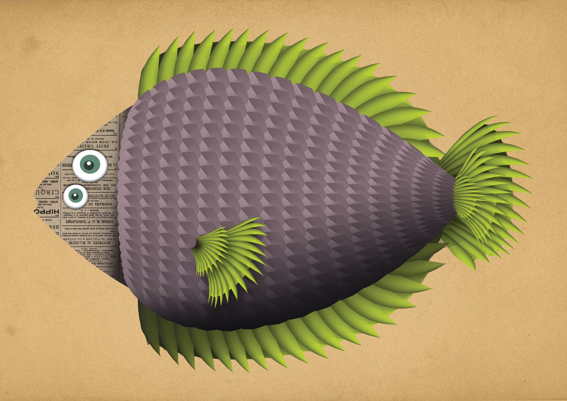 Colorful digital illustration of a geometric purple fish with green fins and wide cartoon eyes – Margot Fish by Studio Frits, Belgian A4 art print on heavyweight paper.
