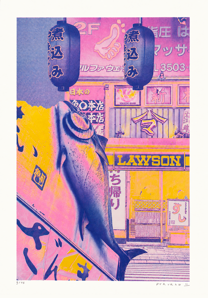 A3 risograph collage print of a surreal Tokyo street scene with fish and lanterns by PTRVRKD, handmade in bold pink, blue, and yellow tones.