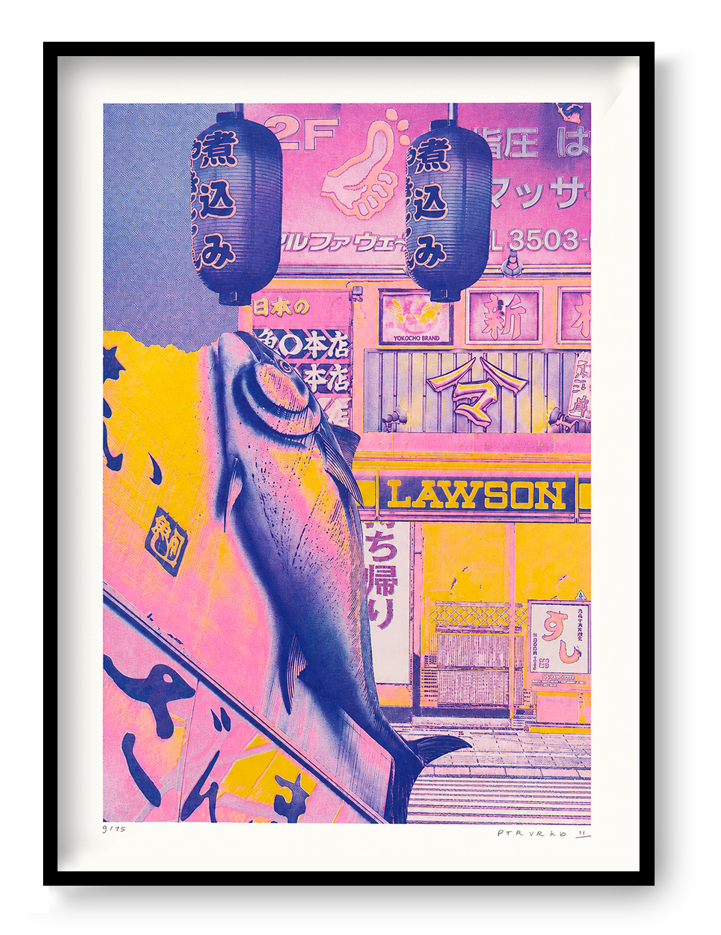 A3 risograph collage print of a surreal Tokyo street scene with fish and lanterns by PTRVRKD, handmade in bold pink, blue, and yellow tones.
