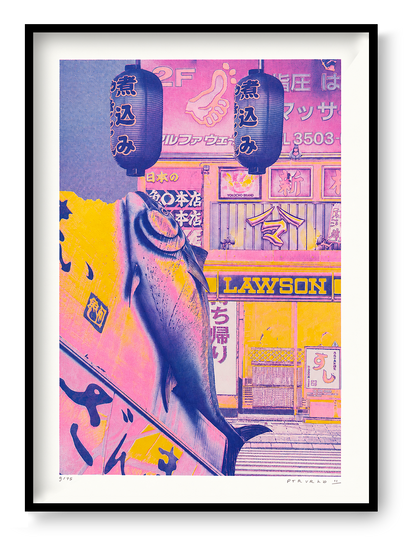A3 risograph collage print of a surreal Tokyo street scene with fish and lanterns by PTRVRKD, handmade in bold pink, blue, and yellow tones.