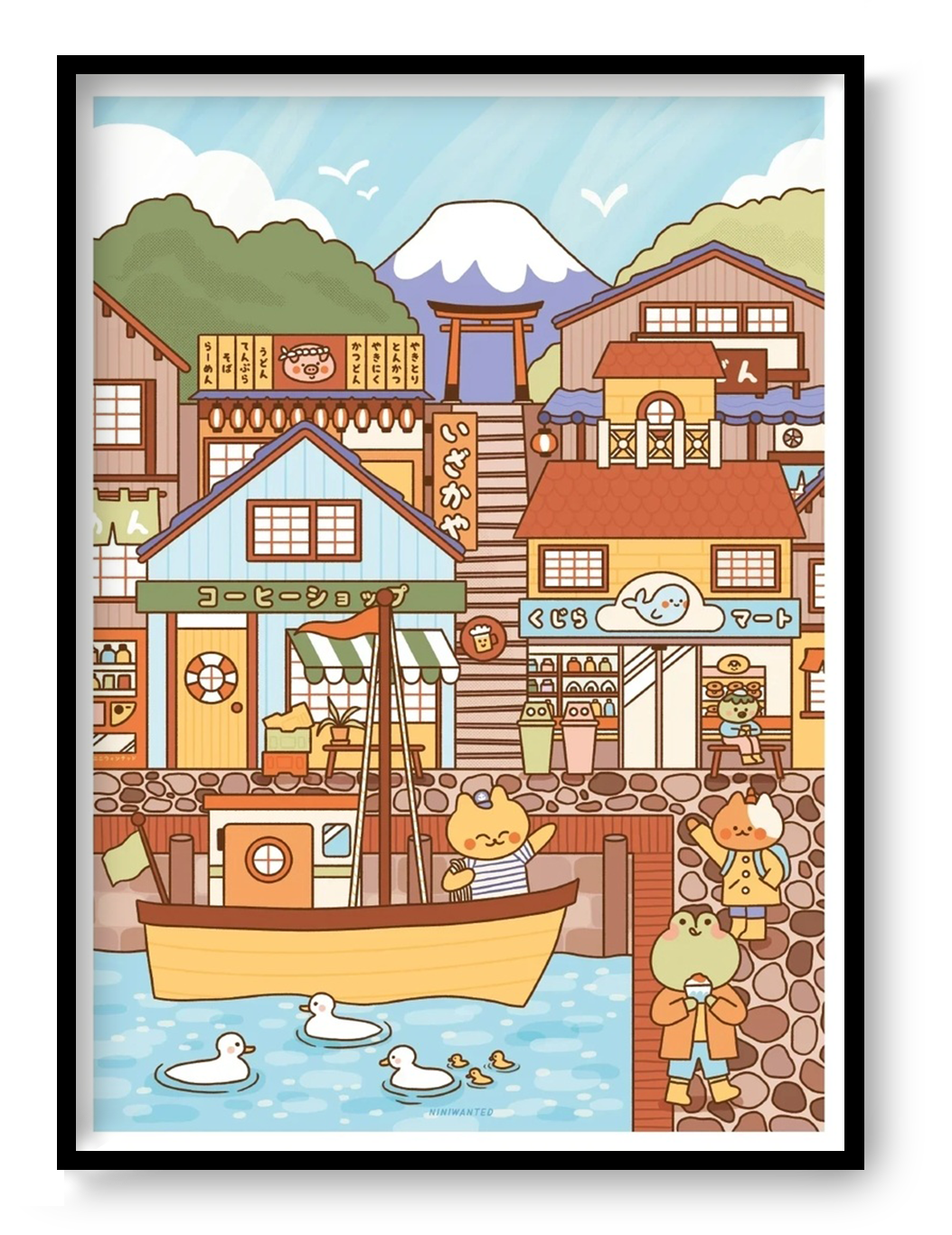 Fishermen Town by Niniwanted, a colorful A4 digital art print featuring a whimsical Japanese fishing village, cute animal characters, pastel houses, a yellow boat and ducks in a charming kawaii illustration style.