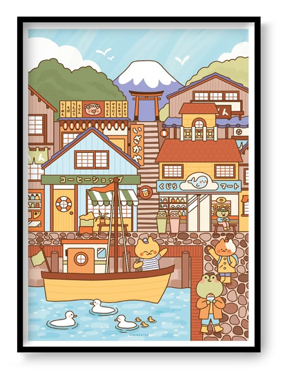 Fishermen Town by Niniwanted, a colorful A4 digital art print featuring a whimsical Japanese fishing village, cute animal characters, pastel houses, a yellow boat and ducks in a charming kawaii illustration style.