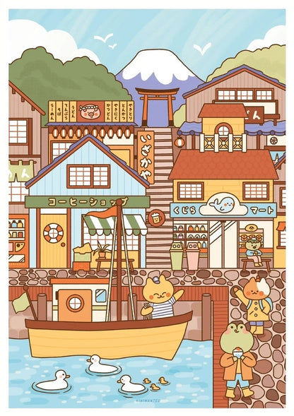 Fishermen Town by Niniwanted, a colorful A4 digital art print featuring a whimsical Japanese fishing village, cute animal characters, pastel houses, a yellow boat and ducks in a charming kawaii illustration style.