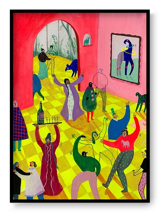 Fluodisco by Louise de Meester, vertical digital art print with dancing figures and surreal characters in vivid pink, yellow, green and blue, playful wall art for colorful interiors.