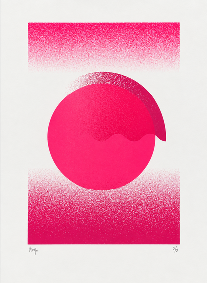 Fluorescent Pink Gradient by PLUMO, vertical A3 hand-pulled screenprint with vivid fluorescent pink circles, textured gradients and geometric forms, ideal as bold contemporary wall art.