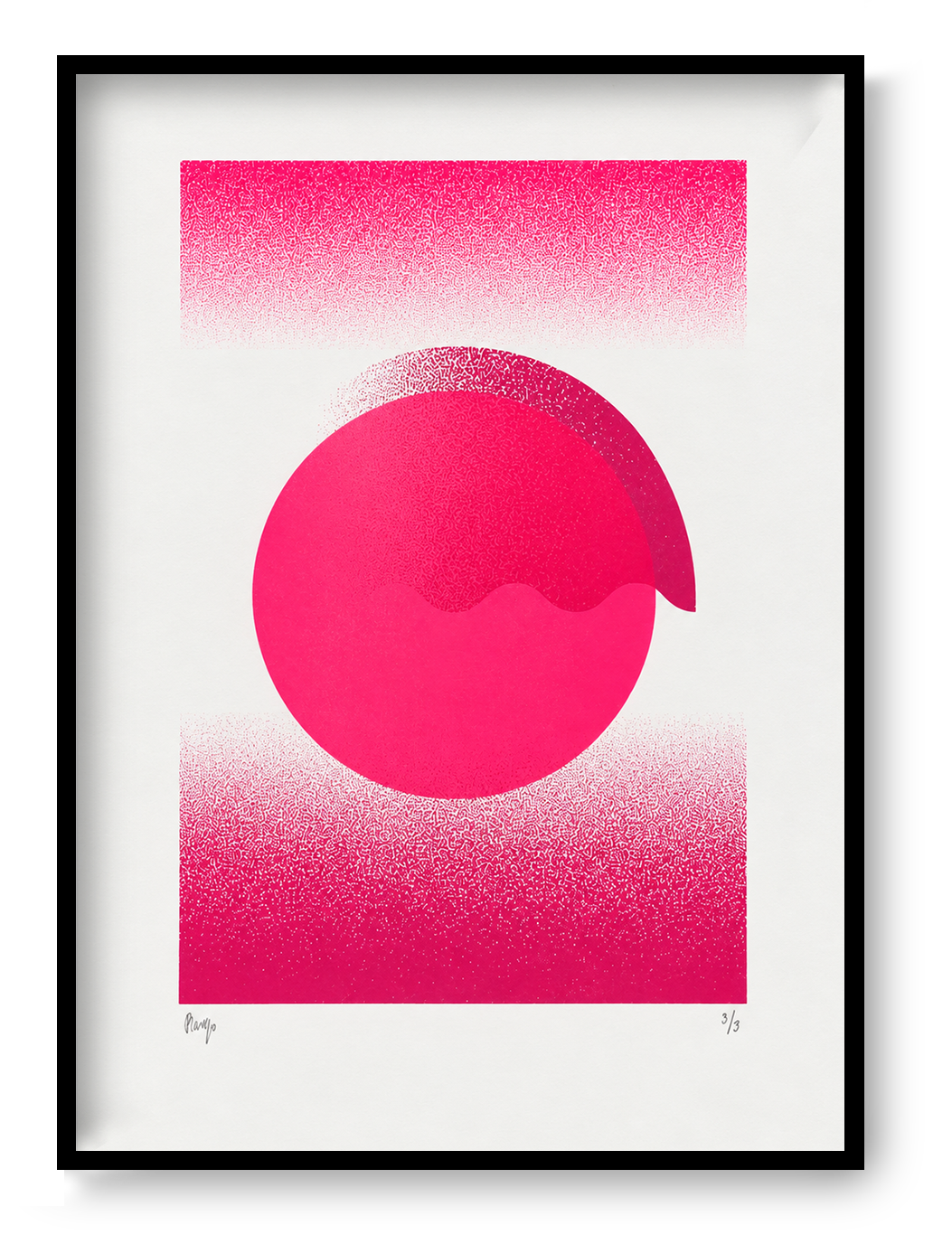 Fluorescent Pink Gradient by PLUMO, vertical A3 hand-pulled screenprint with vivid fluorescent pink circles, textured gradients and geometric forms, ideal as bold contemporary wall art.