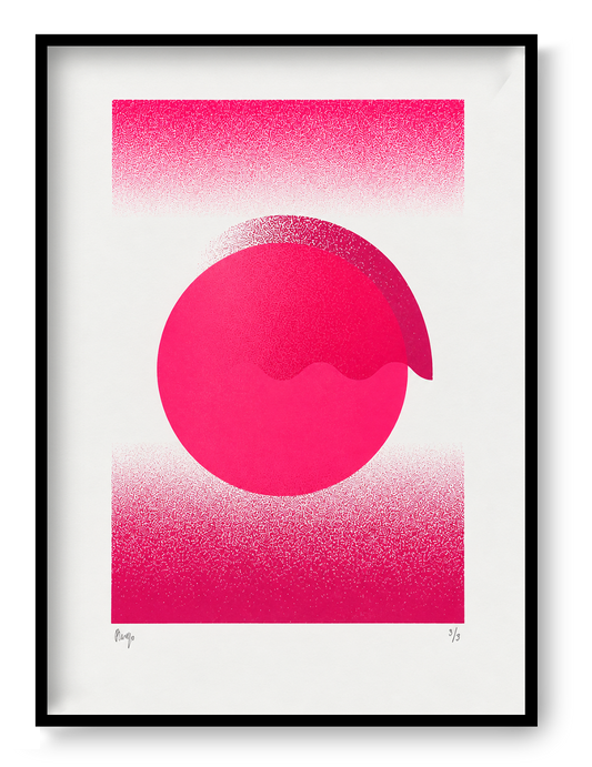 Fluorescent Pink Gradient by PLUMO, vertical A3 hand-pulled screenprint with vivid fluorescent pink circles, textured gradients and geometric forms, ideal as bold contemporary wall art.