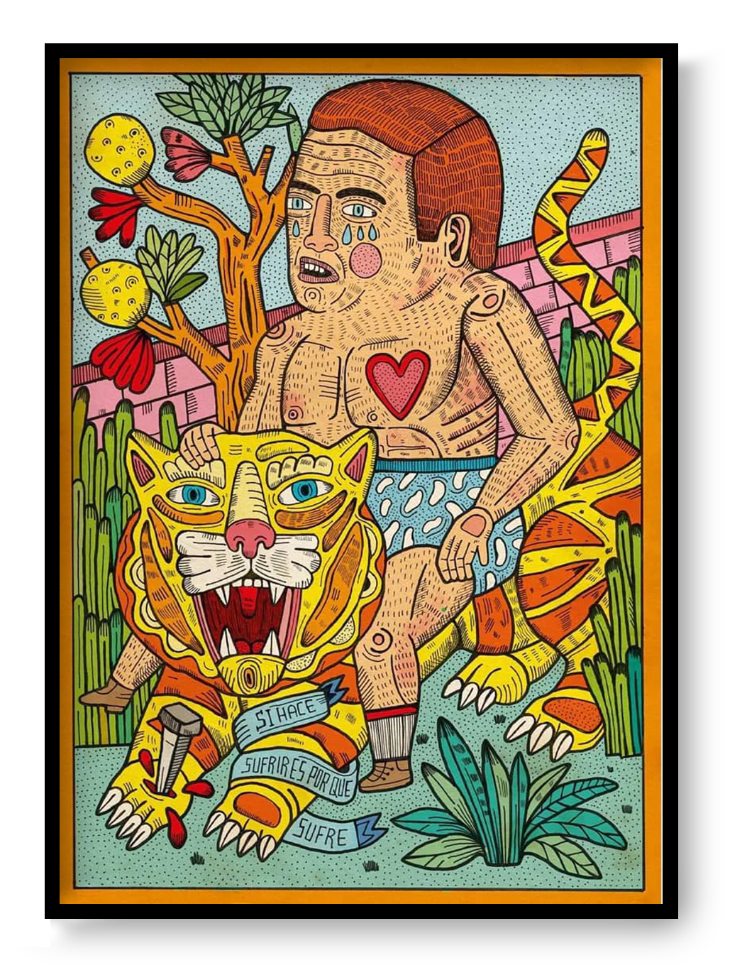 Colorful surreal illustration of a man riding a tiger with symbolic heart and emotional expression, bold folk-style contemporary art print by Asis Percales A3 size.